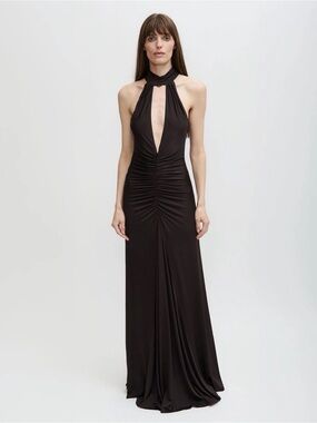 Black Halter Ruched Front Evening Gown